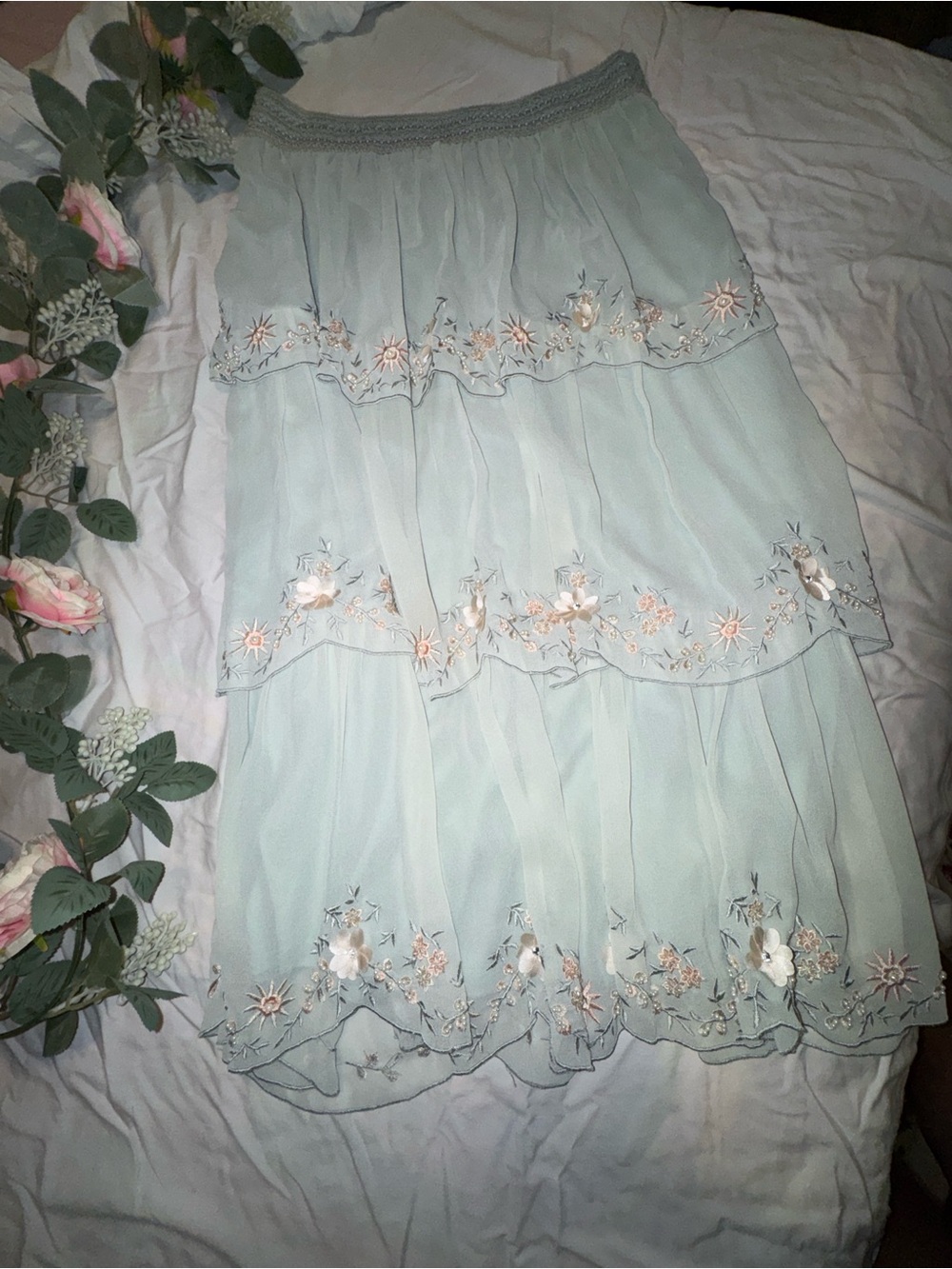Monsoon Mint Green Tiered Embroidered Maxi Skirt